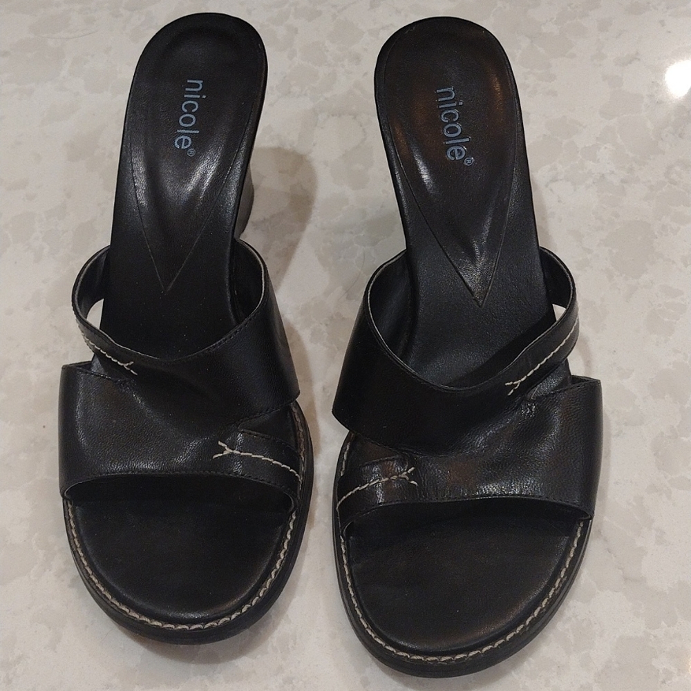 Nicole Black Leather Wedge Sandals. Size 7 1/2 M